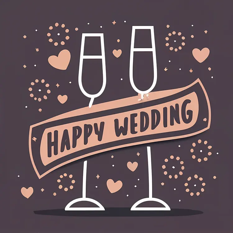 Happy Wedding Text with Champagne Glasses and Hearts