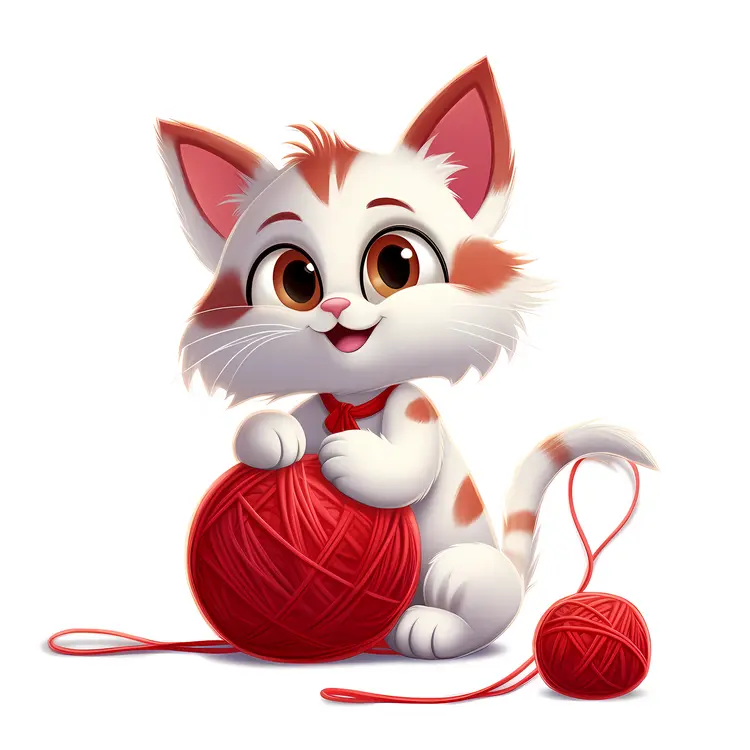 Cute Kitten Playing with Red Yarn Ball