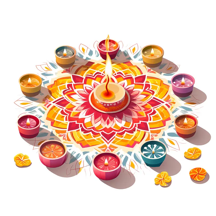 Bright Diya with Rangoli and Candles for Diwali