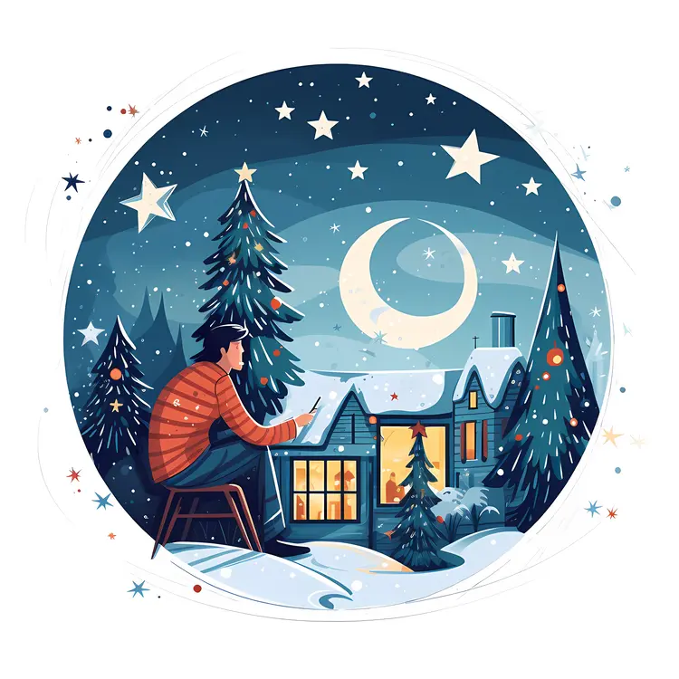 Snowy Night House with Trees