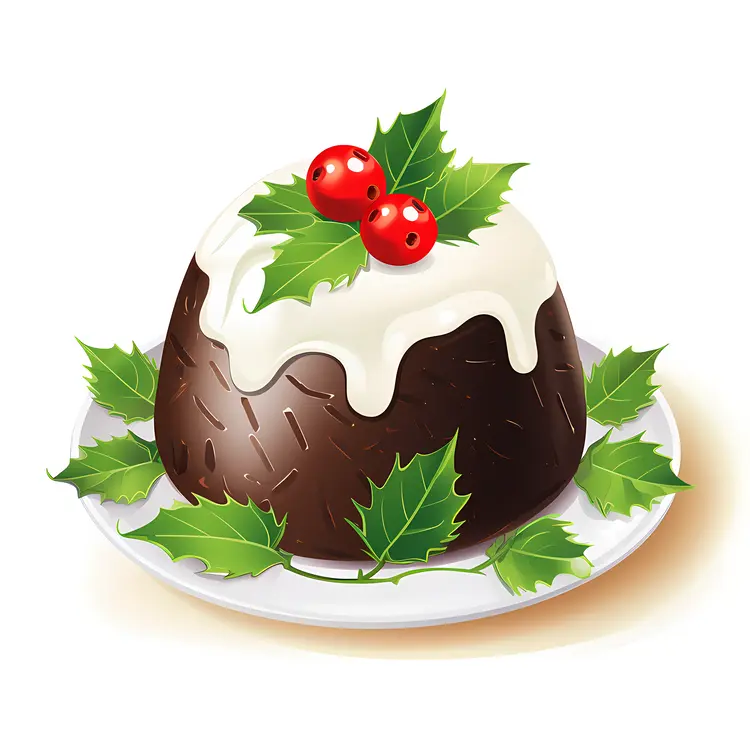 Christmas Pudding with Holly Leaves and Red Berries