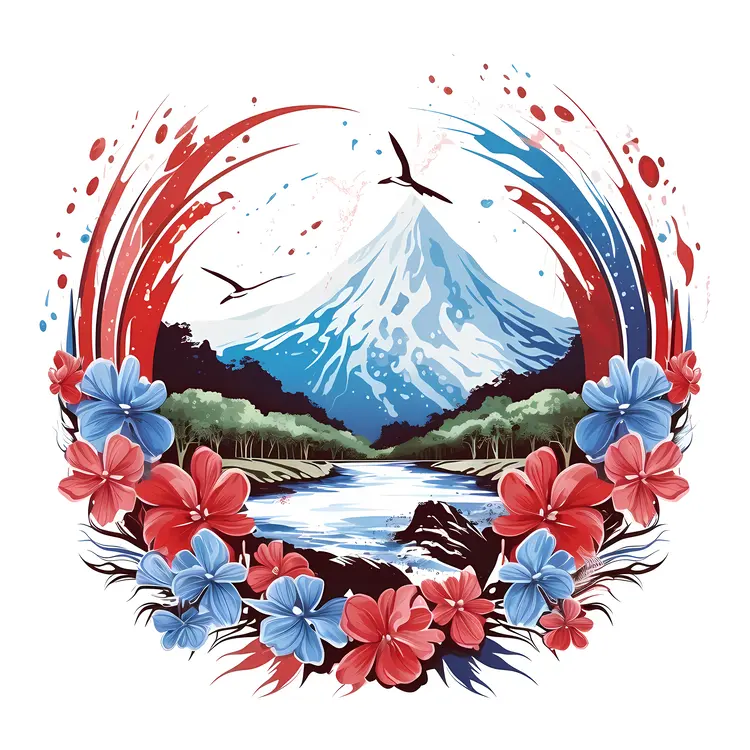 Beautiful Mountain with Flowers and Birds