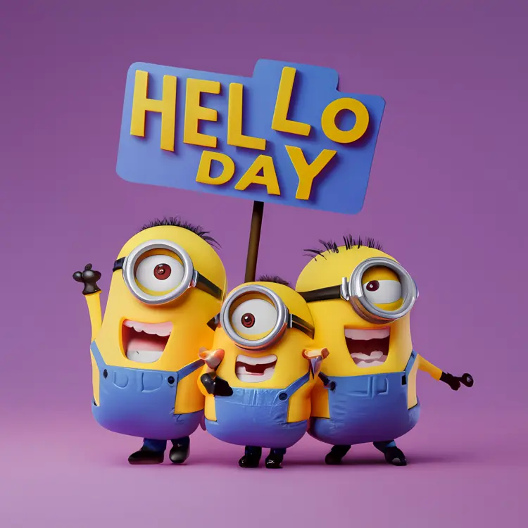 Minions Holding Hello Day Sign