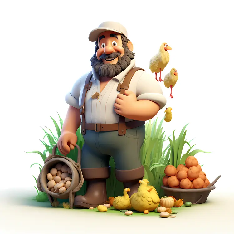 Happy Farmer with Basket of Eggs and Chickens