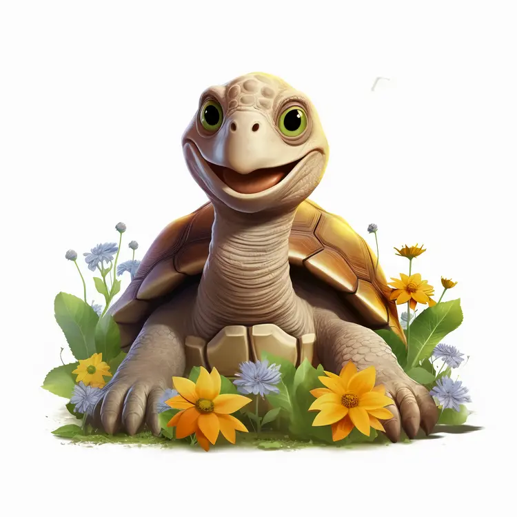 Happy Turtle with Colorful Flowers