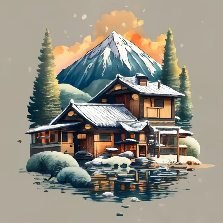 Snowy Japanese House with Pond and Mountain