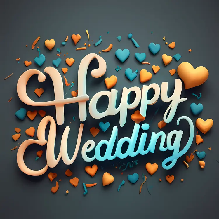 Happy Wedding Text with Hearts and Confetti