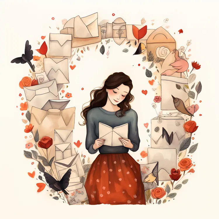 Woman Reading Surrounded by Letters and Flowers