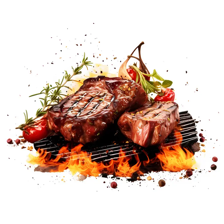 Grilled Steaks on Barbecue with Flames