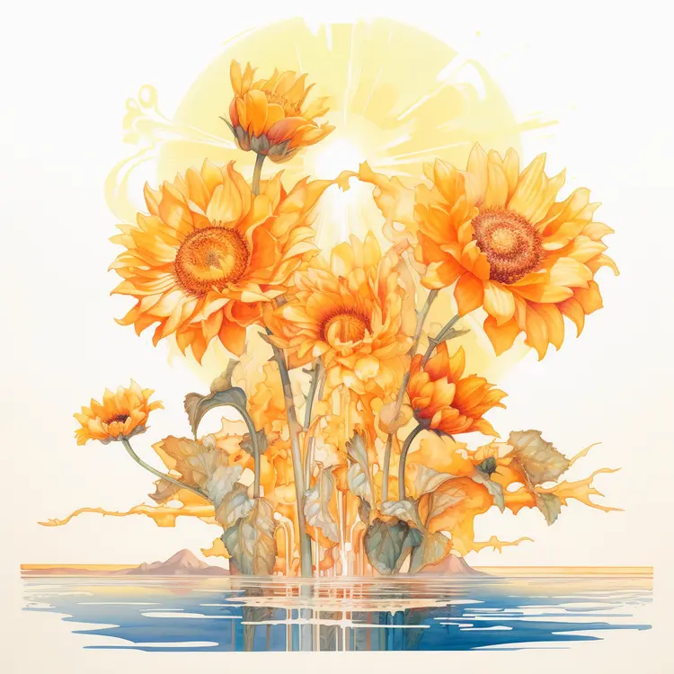 Beautiful Sunflowers with Sunlight and Water Reflection