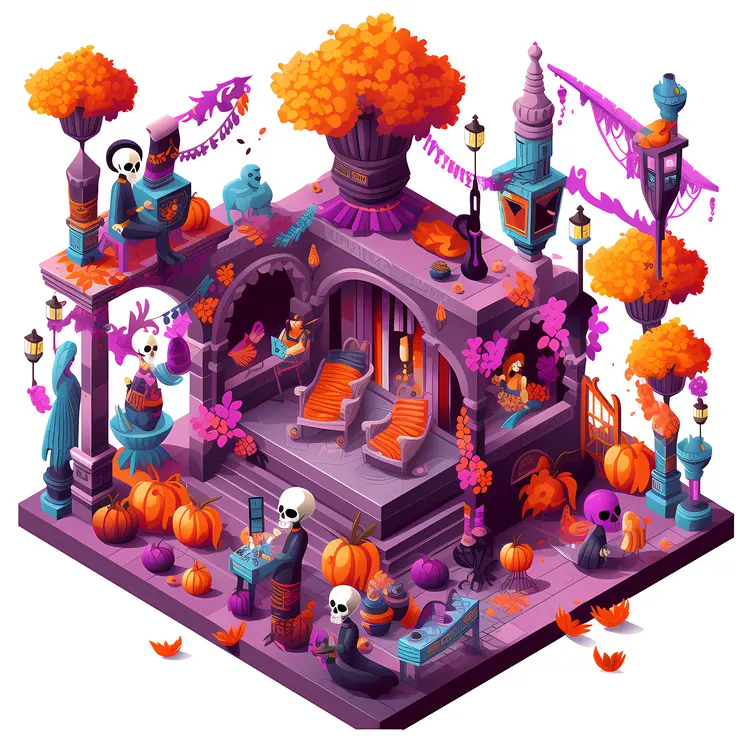 Festive Skeletons in a Colorful Setting