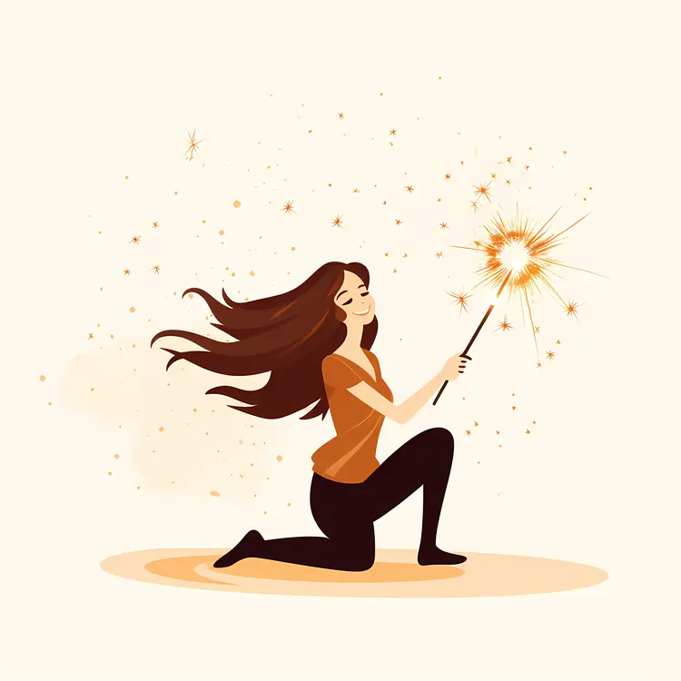 Cartoon Girl Kneeling with a Sparkler