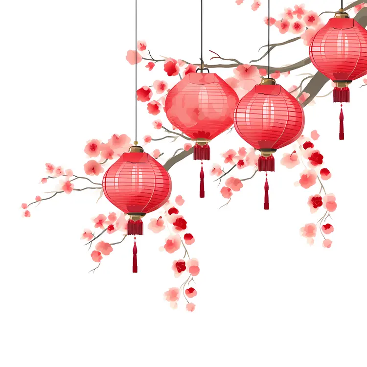Red Lanterns and Cherry Blossoms for Chinese New Year Celebration