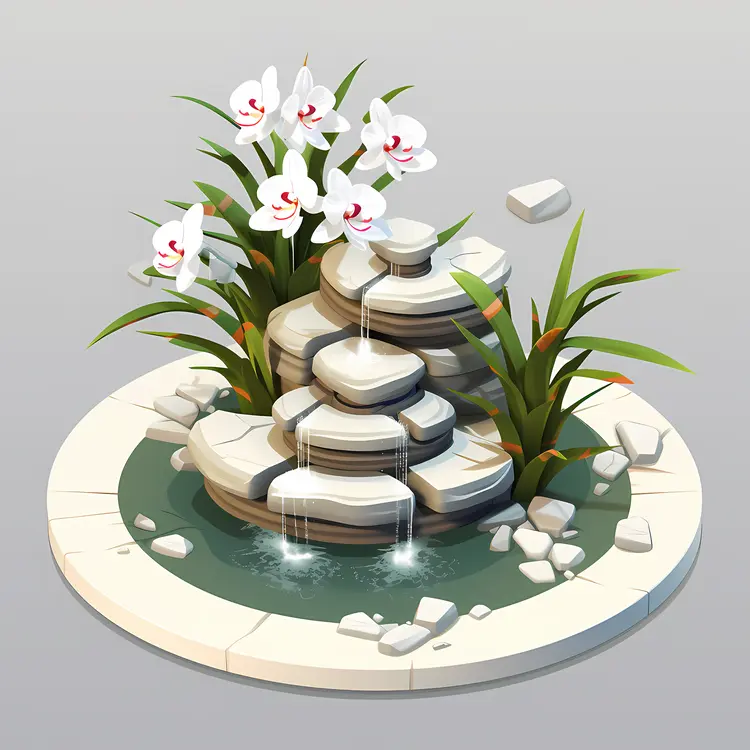 White Orchids and Fountain in Zen Arrangement