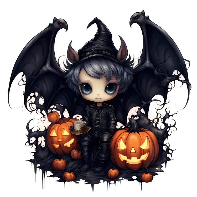 Cute Bat with Pumpkins and Witch Hat