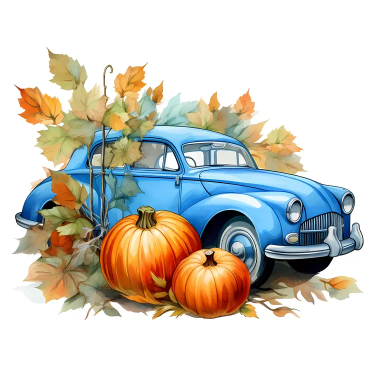 Blue Vintage Car with Pumpkins and Leaves