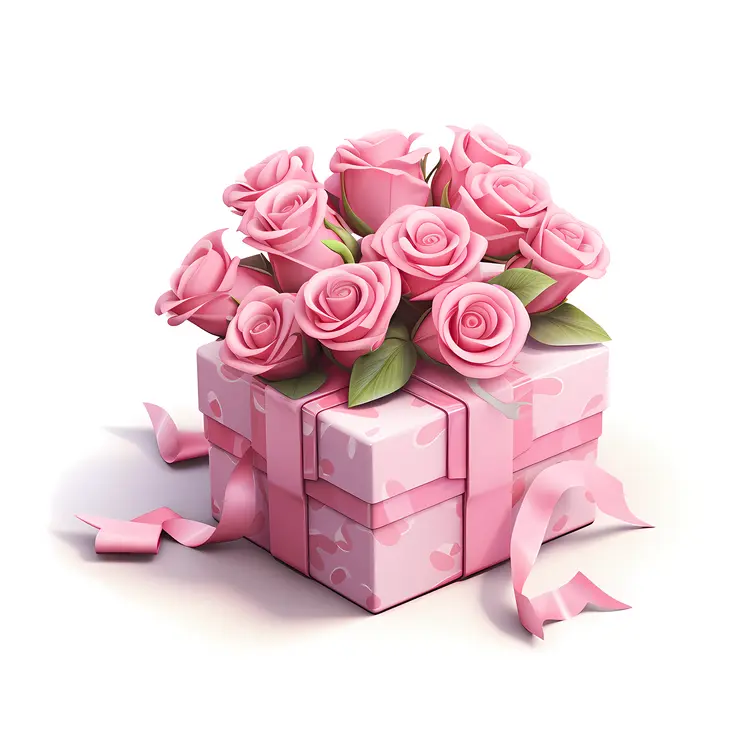 Pink Roses in a Gift Box with Ribbon