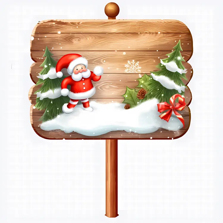 Wooden Sign with Santa and Christmas Trees