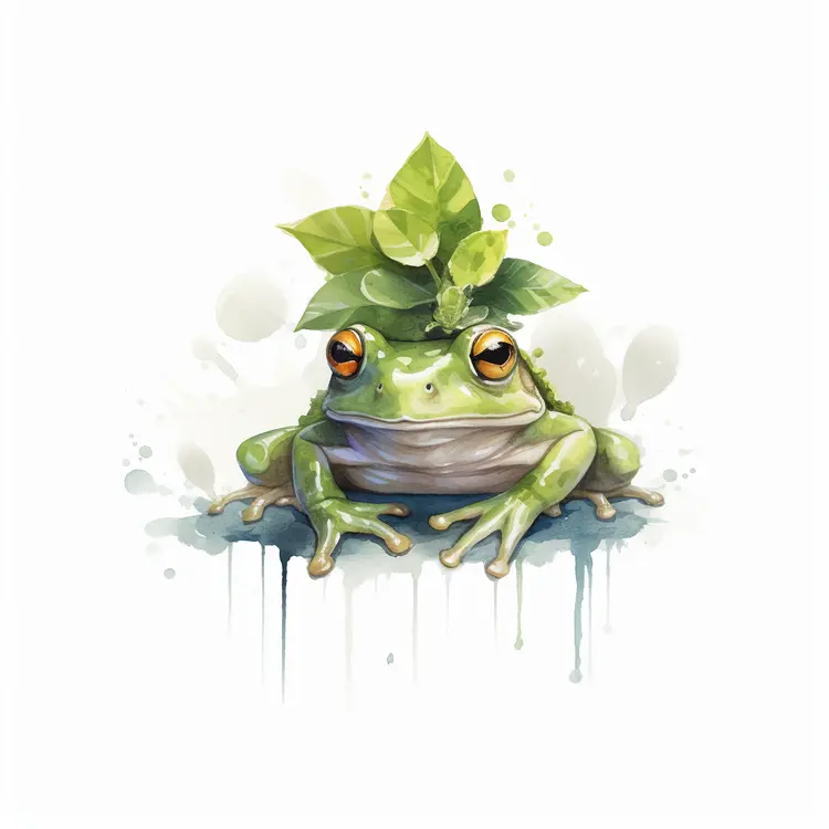 Cute Green Frog with Leaf Hat in Watercolor Style