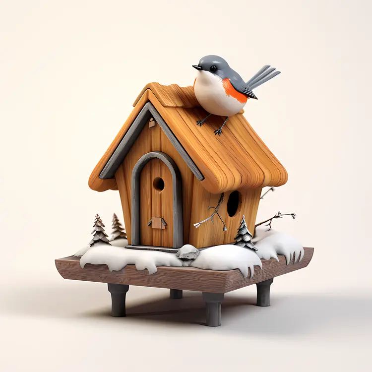 Birdhouse with Bird and Snow