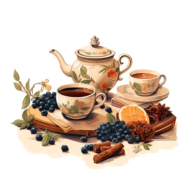 Artistic Tea Set with Fruits and Cups