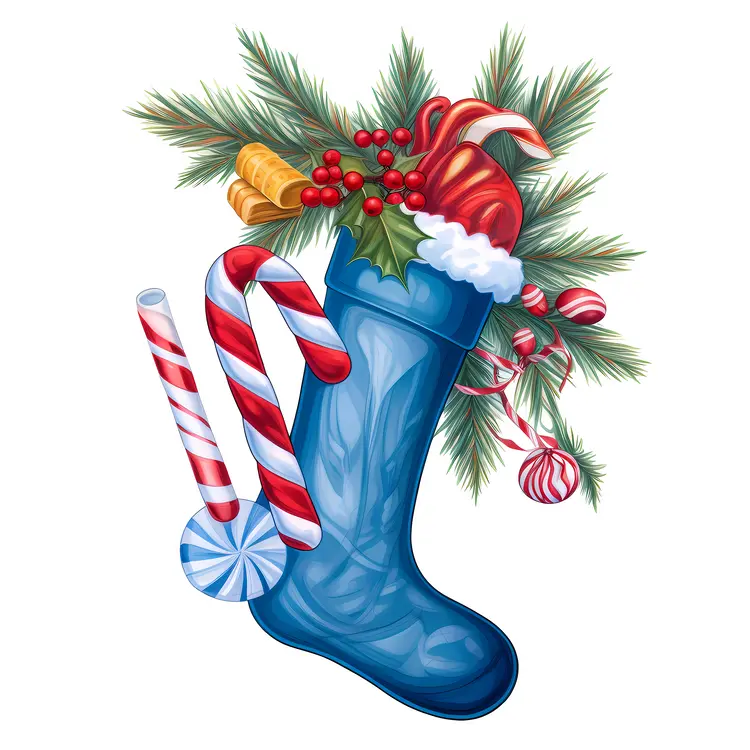 Blue Christmas Stocking with Candy Cane and Pine Branches