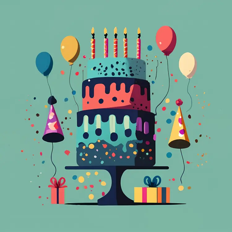 Colorful Birthday Cake with Candles and Balloons