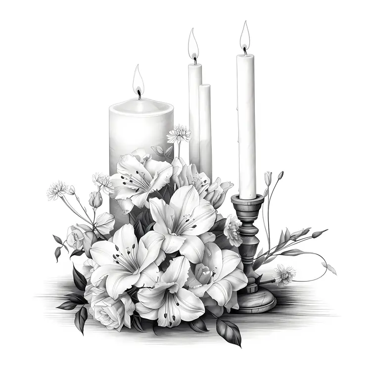 White Candles with Floral Arrangement in Monochrome