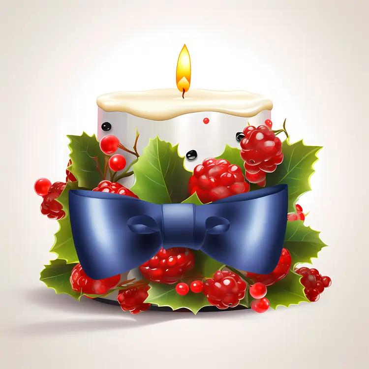 Christmas White Candle with Berries and Blue Bow