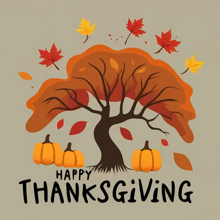 Thanksgiving Tree with Pumpkins and Falling Leaves