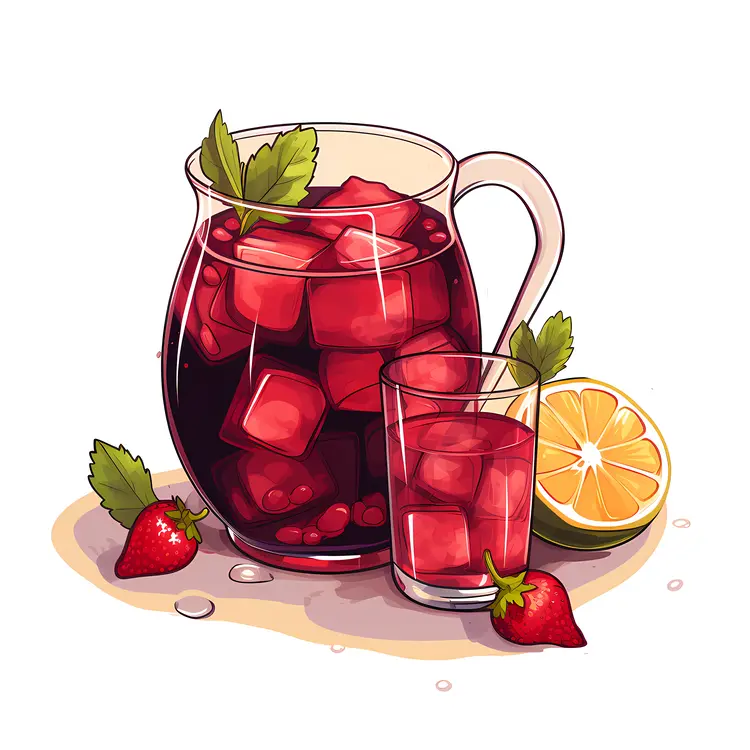 Pitcher and Glass of Fruit Punch with Ice Cubes