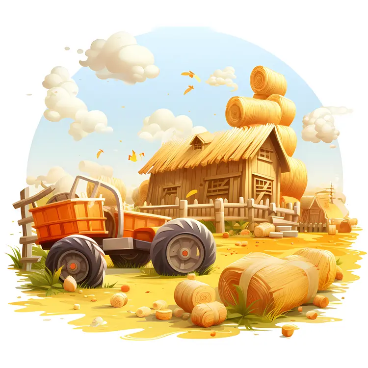 Tractor with Hay Bales and Barn