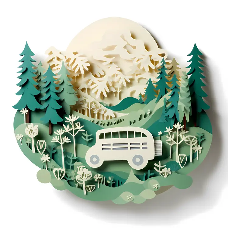 Paper Art Bus in a Forest Scene
