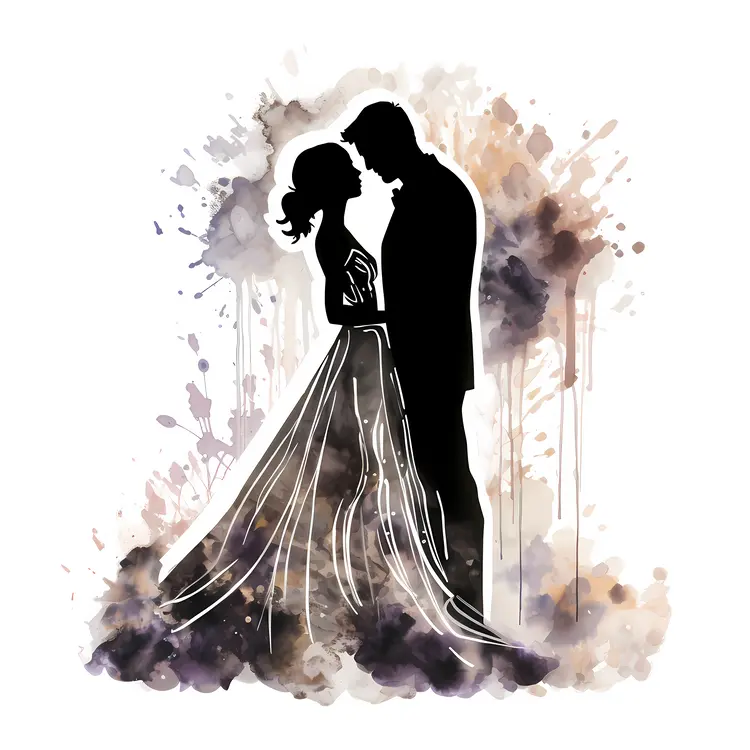 Romantic Couple Silhouette in Black and Brown Watercolor