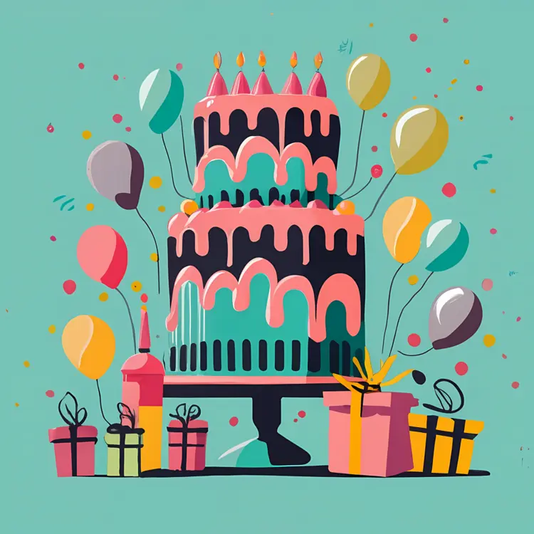Birthday Cake with Balloons and Gifts