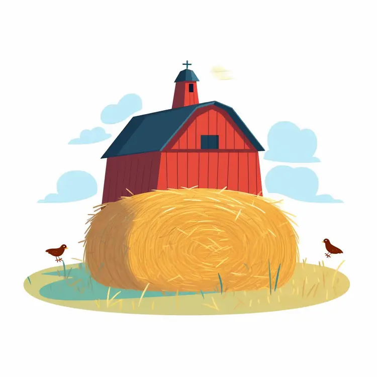Red Barn with Haystack and Chickens