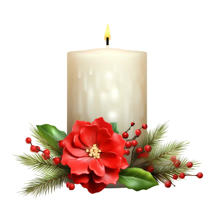 White Christmas Candle with Red Flower and Pine