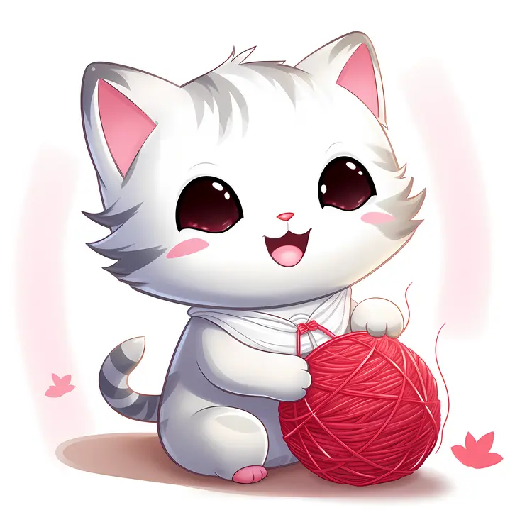 Cute Kitten Playing with Red Yarn Ball