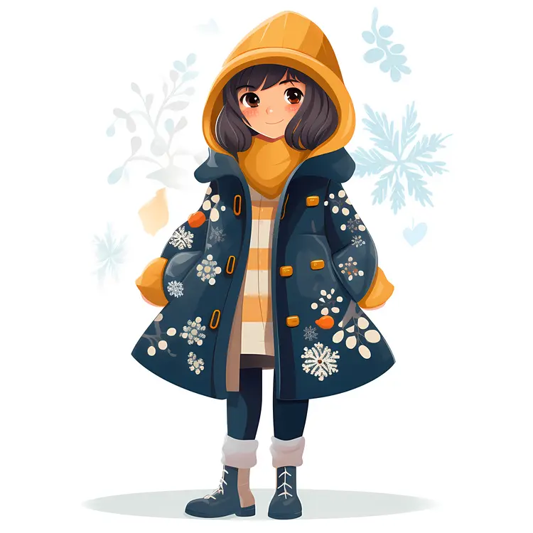 Cute Girl in Winter Coat with Snowflakes