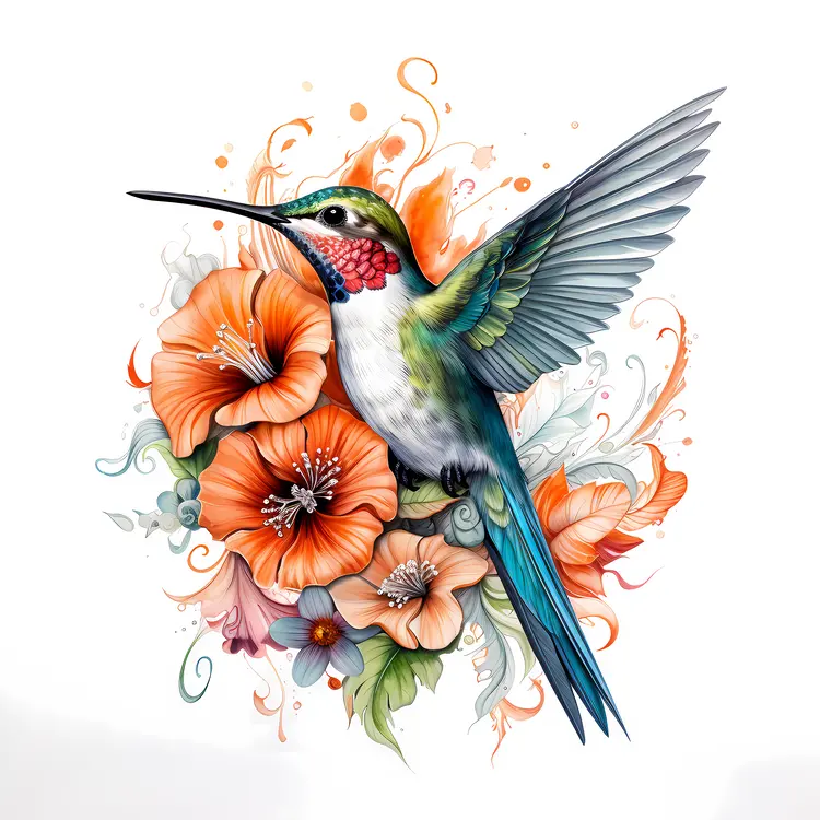 Hummingbird and Orange Poppies Illustration