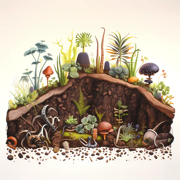 Cross-section of Soil with Plants and Mushrooms