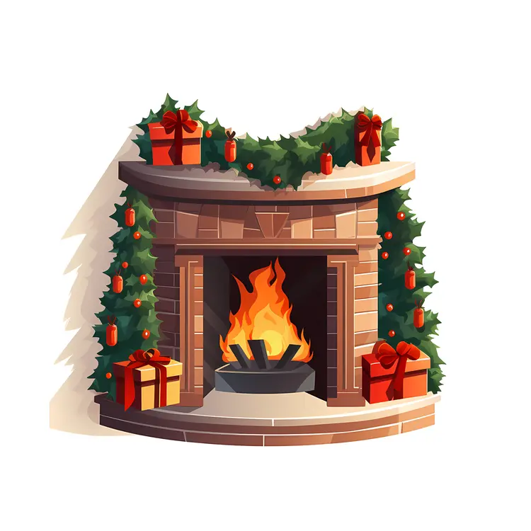 Christmas Fireplace with Garland and Gifts