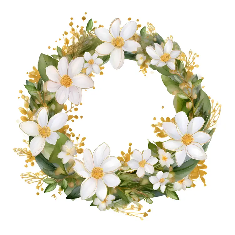 White Flower Wreath with Green Leaves and Yellow Accents