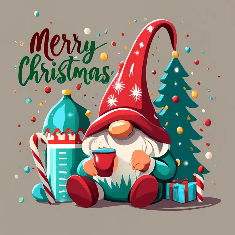 Christmas Gnome with Red Hat and Tree
