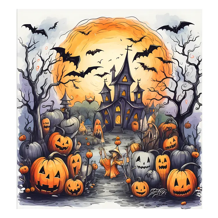 Haunted House with Pumpkins and Bats