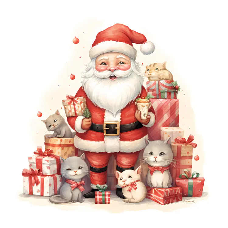 Santa Claus with Cats and Gifts
