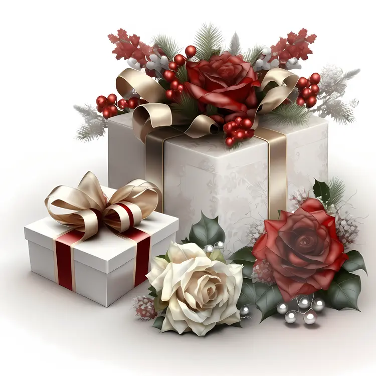 Beautifully Wrapped Christmas Gift Boxes with Festive Flowers