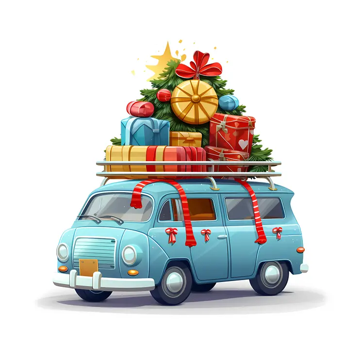 Blue Van with Christmas Gifts and Tree