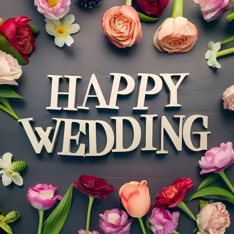 Happy Wedding Text with Flowers on Gray Background