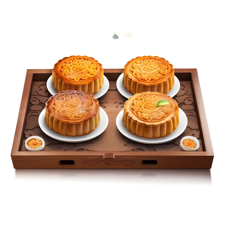 Traditional Mooncakes on a Wooden Tray